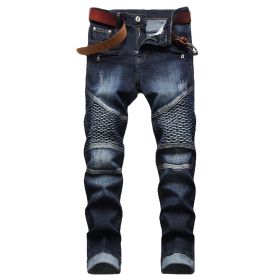 Mens Ribbed Jeans Straight Fit Denim Pants (Color: Dark Blue, size: 36)