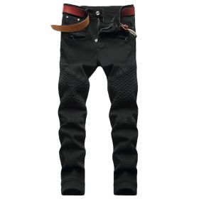 Mens Ribbed Jeans Straight Fit Denim Pants (Color: BLACK, size: 30)