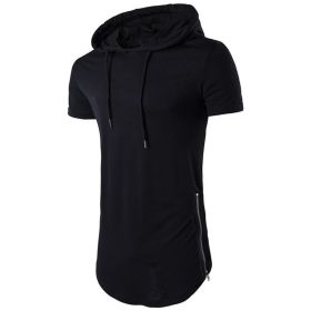 Mens Hipster Hip Hop Long Drop Tail Hoodie Side Zipper T Shirt Longline Pullover Shirts (Color: BLACK, size: M)