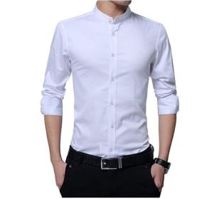 Men's Dress Shirt Banded Collar Long Sleeve Slim Fit Tuxedo Shirt Cotton (Color: White, size: M)