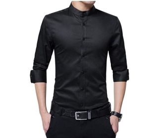 Men's Dress Shirt Banded Collar Long Sleeve Slim Fit Tuxedo Shirt Cotton (Color: BLACK, size: S)