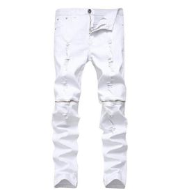 Mens Jeans Ripped Skinny Distressed Destroyed Straight Fit Zipper Jeans with Holes (Color: 1, size: 34)