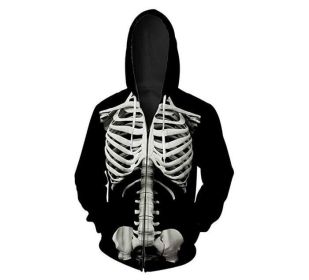 Men's Skeleton Hoodies Zipper 3D Printing Hooded Skull Sweatshirts Jacket with Two Pockets (Color: BLACK, size: XL)