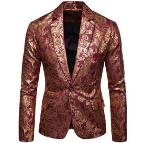 Men's Paisley Tuxedo Jackets Slim Fit Blazers Jacket One Button Stylish Wedding Party Dress Suit (Color: RED-XL)