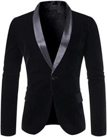 Men's Fashion Velvet Blazesr Casual Slim Fit Jackets Shawl Collar Single Row One Button Suit Jackets Groom's Dress (Color: BLACK-XL)