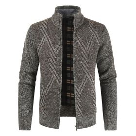 Men's Casual Plush Stand-up Collar Geometric Pattern Knitted Cardigan Jacket (Color: Brown, size: L)