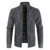 Men's Casual Plush Stand-up Collar Geometric Pattern Knitted Cardigan Jacket