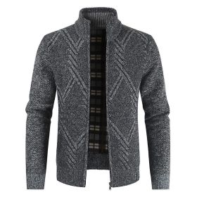 Men's Casual Plush Stand-up Collar Geometric Pattern Knitted Cardigan Jacket (Color: Dark Grey, size: S)
