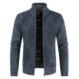 Men's Casual Plush Stand-up Collar Geometric Pattern Knitted Cardigan Jacket (Color: Dark Blue, size: M)