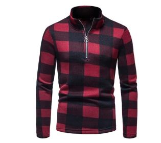 Men's Zipper Plaid Stand Collar Pullover Sweater (Color: Red, size: XL)