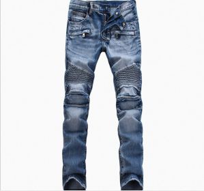 Men Ripped Slim Straight fit Biker Jeans With Zipper Deco (Color: Blue, size: 33)