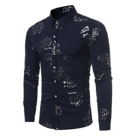 Mens Casual Shirts Gold Rose Printed Slim Fit Long Sleeve Dress Shirts/Prom Performing Shirts (Color: Navy, size: M)