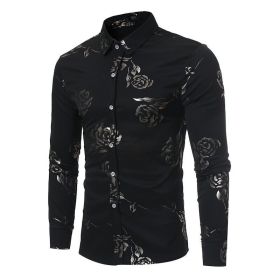 Mens Casual Shirts Gold Rose Printed Slim Fit Long Sleeve Dress Shirts/Prom Performing Shirts (Color: BLACK, size: XL)
