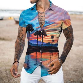 European and American New Men's Casual Shirts Short Sleeve 3D Digital Printing Hawaiian Style Shirts (Color: As shown, size: XXL)