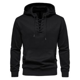 Men's Hoodie Sweatshirt Hooded Casual Long Sleeve Drawstring Lace Up Pullover Hoodies with Pocket (Color: BLACK, size: M)