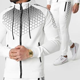 Autumn and winter zippered sportswear men's hooded coat electronic honeycomb casual suit (Color: White, size: M)
