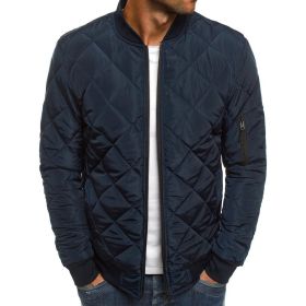 winter men's fashion jacket Lingge warm stand collar cotton padded clothes men (Color: Navy, size: L)