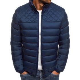 Autumn and winter new men's stand collar solid color simple fashion Ling grid cotton clothes men's fashion (Color: Navy, size: XXXL)