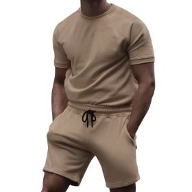 Men Short Sets 2 Piece Outfits Fashion Summer Tracksuits Casual Tee  Short Set (Color: Khaki, size: L)