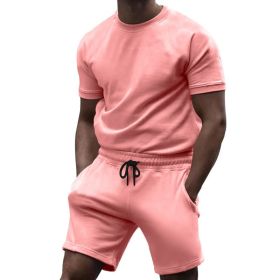 Men Short Sets 2 Piece Outfits Fashion Summer Tracksuits Casual Tee  Short Set (Color: Pink, size: L)