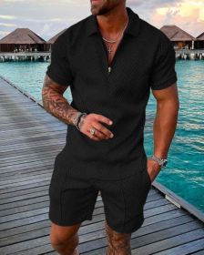 Mens Short Sleeve Casual Polo Shirt and Shorts Sets Two Piece Summer Outfits Zip Polo Tracksuit Set for Men S-XXL (Color: BLACK, size: L)