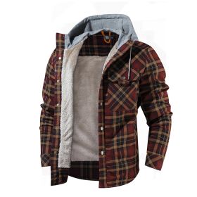 Men Warm Jacket Fleece Lining Lumberjack Plaid Hooded Jackets Snap Button (Color: Coffee, size: USA XXL)