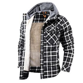 Men Warm Jacket Fleece Lining Lumberjack Plaid Hooded Jackets Snap Button (Color: BLACK, size: USA M)