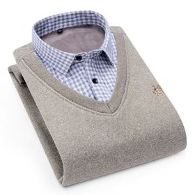 Aoliwen MenWinter Warm Shirt Sweater Cardigan Shirt collar cardigan combination Cashmere Flannel Men home service dress shirt (Color: AO-LDBL-F1102, size: Asia size XXXL)