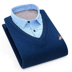 Aoliwen MenWinter Warm Shirt Sweater Cardigan Shirt collar cardigan combination Cashmere Flannel Men home service dress shirt (Color: AO-LDBL-F1107, size: Asia size XXXL)
