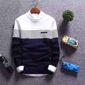 Sweater Men's Winter Pullover Men Autumn Slim Fit Striped Knitted Sweaters Clothing Casual pull (Color: Navy, size: XL)