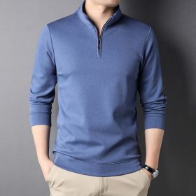 Mens Casual Stand Collar Long Sleeve Top (Color: Blue, size: small)