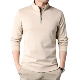 Mens Casual Stand Collar Long Sleeve Top (Color: beige, size: small)
