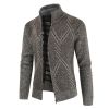 Men's Casual Plush Stand-up Collar Geometric Pattern Knitted Cardigan Jacket