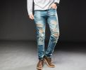 Men's Jeans Ripped Slim Straight Fit Biker Jeans With Zipper Deco